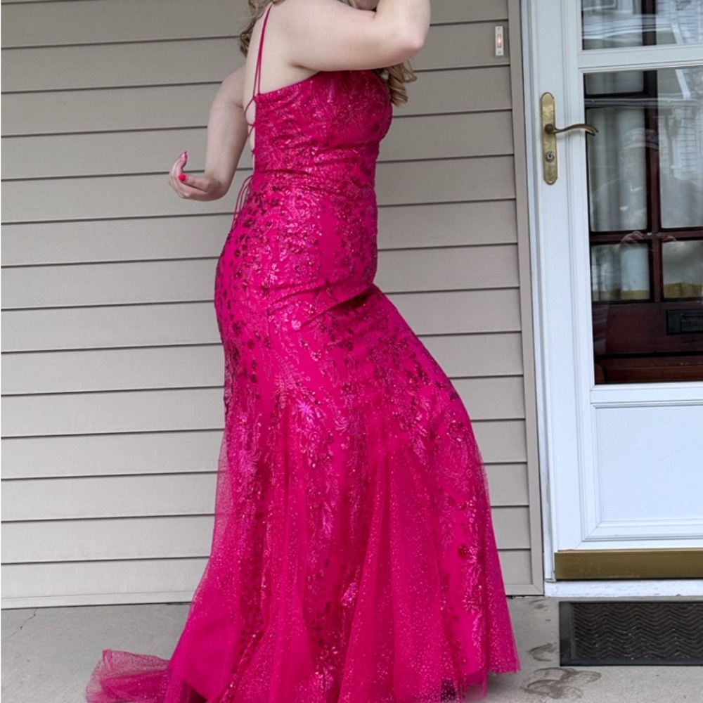 Beautiful sparkly pink prom dress with train and hook to hold the train up